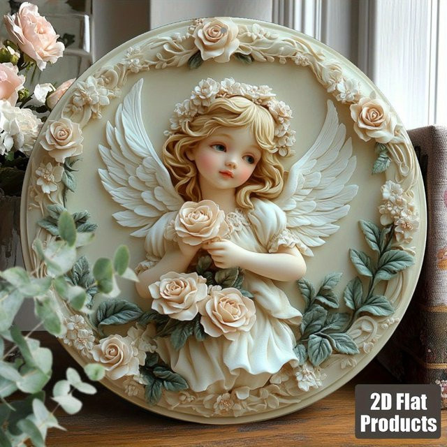 HELLOYOUNG Baby-Engel Wandkunst aus Metall mit floralem Schmetterlingsdesign, rund, Mehrfarbig, Durchmesser: 20 cm - Bild 1