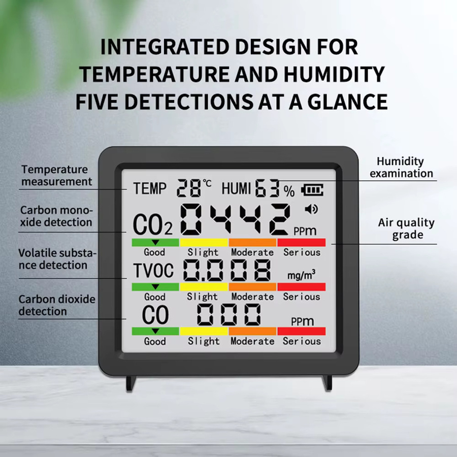 Gaqqee 5-in-1 Luftqualitätsmonitor CO2-Detektor für Formaldehyd, VOCs, Temperatur und Feuchtigkeit in Schwarz oder Weiß - Bild 2