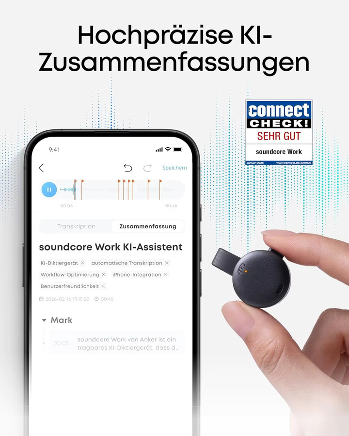 soundcore Work by Anker KI Stimmrekorder Digitales Diktiergerät mit KI-Schreibfunktion und Spracherkennung in Schwarz mit 64GB Speicher - Bild 2