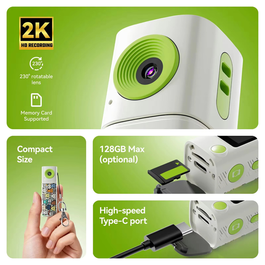 Ourlife 2K Daumenkamera mit 230 Grad Flip-Lens, tragbare Mini Digitalkamera als Schlüsselanhänger in Weiß oder Gelb - Bild 1