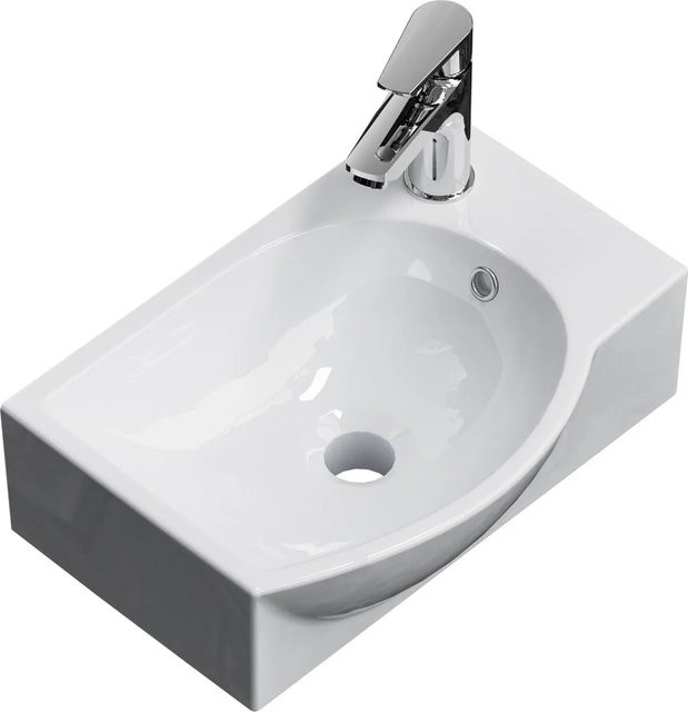 Emke Wandwaschbecken aus Keramik in Weiß, rechteckig mit linkem Wasserhahnloch, B/T/H: 40,5 x 28 x 14 cm - Bild 1