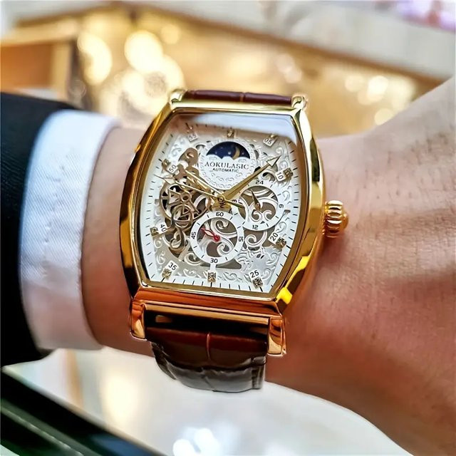 AOKULASIC Armbanduhr Automatik, Tonneau, Gold, Leder, Herren - Bild 1