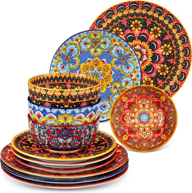 Vancasso 12-teiliges Porzellan-Geschirrset im Bohemian-Stil mit floralem Design in Multicolour - Bild 1