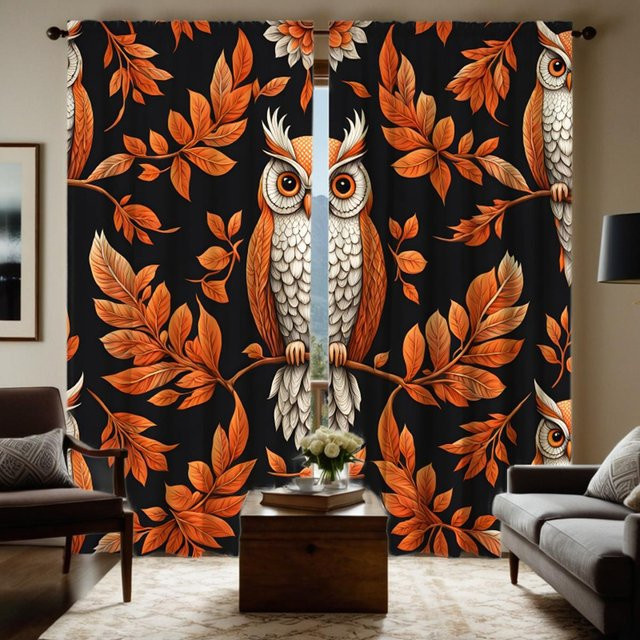 2er-Set dekorative Vorhänge mit Eulen- und Ahornblatt-Motiv in Schwarz und Multicolour, Breite: 132 cm, Höhe: 160 cm - Bild 1