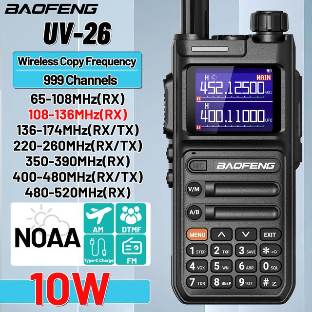 Baofeng UV-26 Walkie Talkie in Schwarz mit 10 W, Multiband AM/FM, 999 Kanälen und USB-C Anschluss - Bild 1