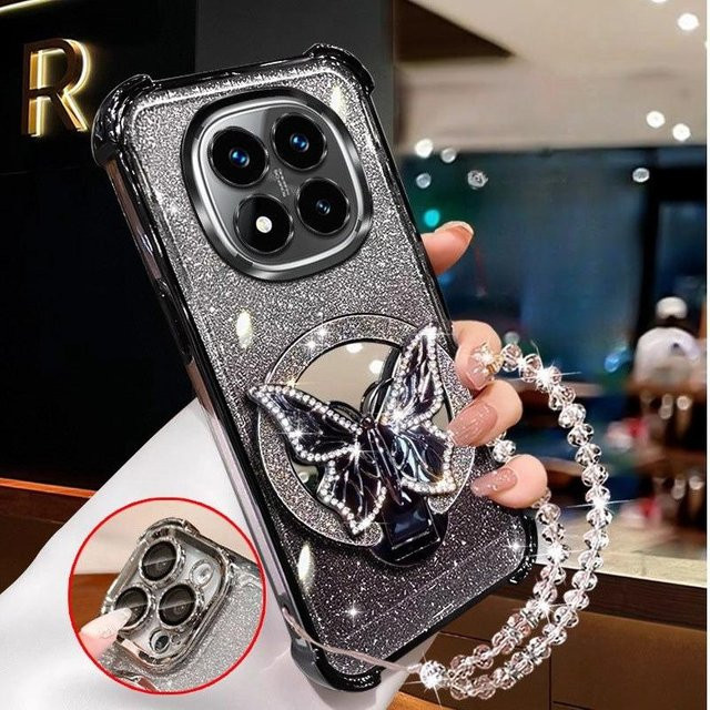 Glitzer Schmetterling Handyhülle mit Kristall-Armband für Xiaomi Redmi Note 15 14 13 12 11 Pro Plus 4G 5G in Schwarz und Transparent - Bild 1