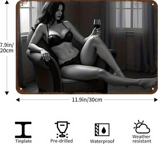 CIFBUY Retro Metall-Wandkunst Schwarz mit Dessous-Illustration und Weinglas als Deko-Blechschild für deine Bar - Bild 1