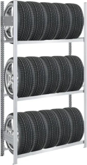 PROREGAL Tire Pro Reifenregal aus verzinktem Stahl, Farbe Silber, H x B x T: 200 x 100 x 43 cm, 3 Ebenen mit verstellbaren Regalböden und 150 kg Fachlast - Bild 1