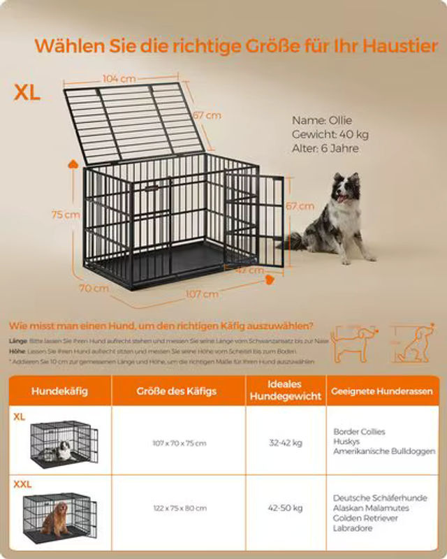 FEANDREA Hundekäfig Hundebox für mittelgroße und große Hunde, Schwarz, B: 107 cm, T: 70 cm, H: 75 cm - Bild 4