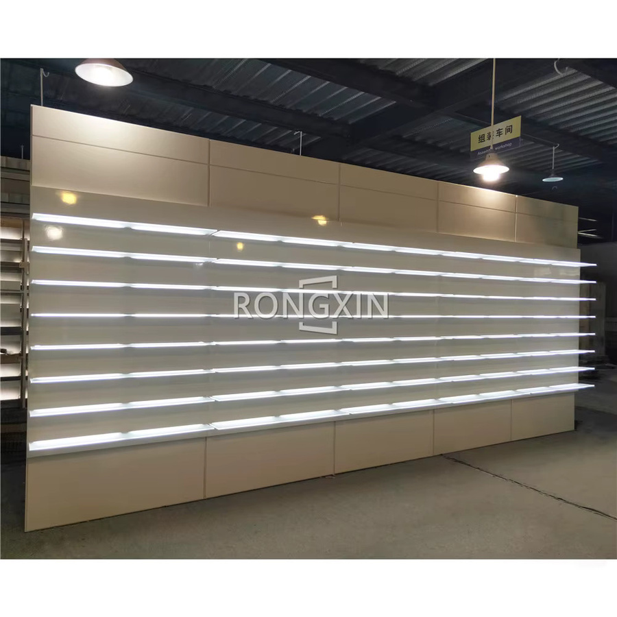 XMSJ Wandregal aus Holz und Kunststoff mit integrierter LED-Beleuchtung und Rückwand in Weiß, modern und glänzend für Modeboutiquen - Bild 4
