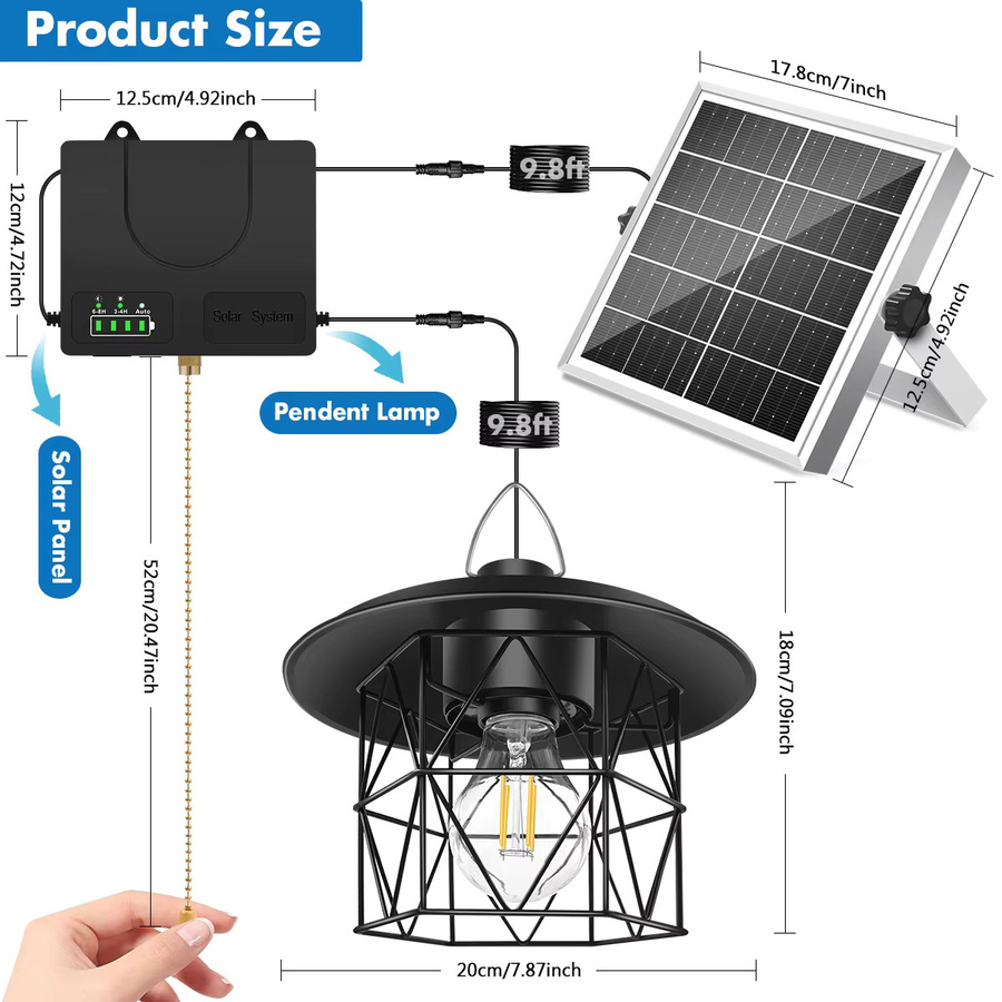 AMARYLLIS Solar-Pendelleuchte aus Metall in Schwarz, Retro-Design mit Zugschnur, IP65 wasserdicht, warmweißes Filament-Licht für Garten, Terrasse und Außenbereich - Bild 2