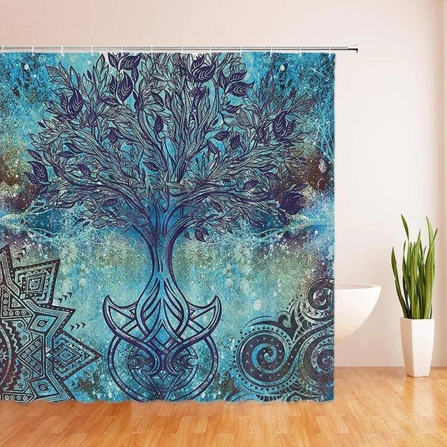 Lebensbaum Duschvorhang mit Baum Muster und ethnischen Mandala Formen in Türkis und Braun, B/H: 180 x 180 cm - Bild 1