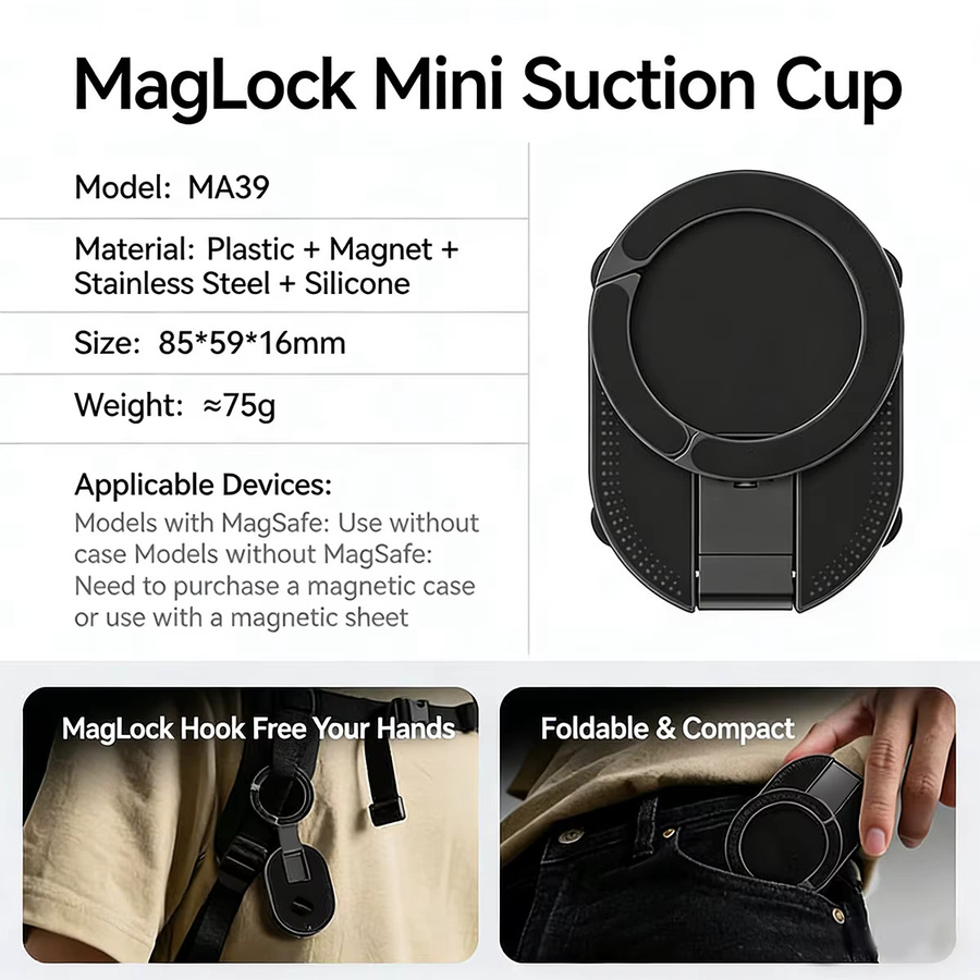 FONKEN 3-in-1 Saugnapf-Handyhalterung mit Magnet und Zugring in Schwarz für iPhone, Samsung und Android, Modell JR-ZS418 - Bild 3
