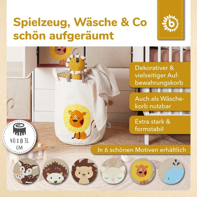 Bieco Wäschekorb und Spielzeugkorb Löwe aus Baumwolle in Weiß, Gelb und Beige mit Griffen, klappbar - Bild 1