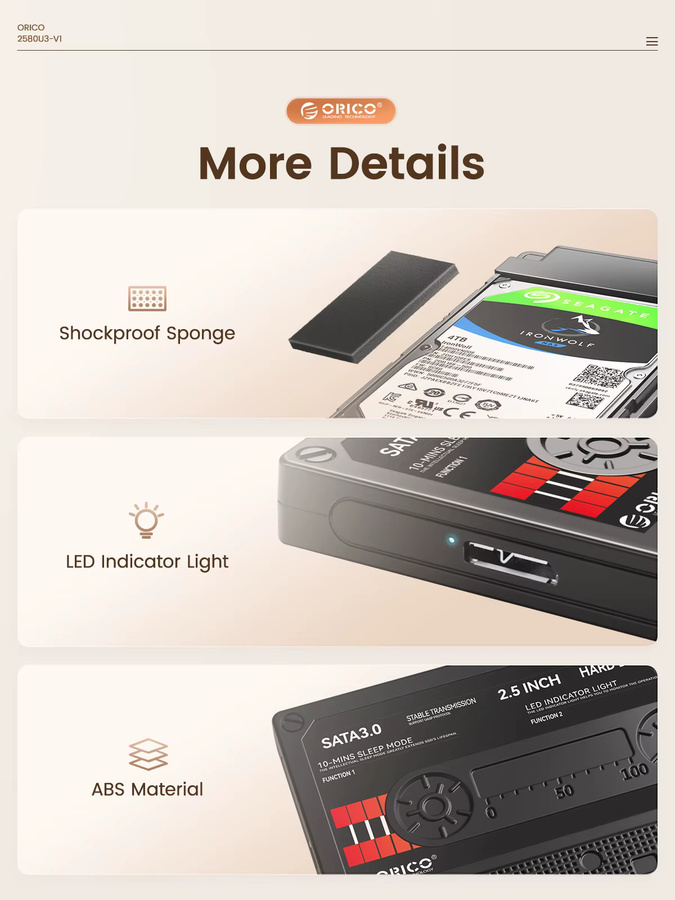 ORICO Externes 2,5 Zoll Festplattengehäuse SATA zu USB mit UASP Unterstützung für 7/9,5mm HDD und SSD, Schwarz - Bild 5