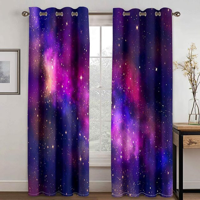 2er Set Galaxie Weltraum Vorhänge mit Sternen-Kunstdruck in Lila, semi-transparent, Breite: 135 cm, Höhe: 185 cm - Bild 1