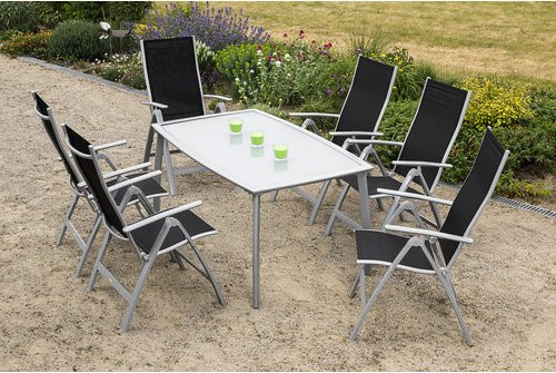 Merxx Gartenmöbelset Carrara in Schwarz mit 7 Teilen aus Aluminium, Textil und Sicherheitsglas für Garten, Terrasse oder Balkon, Tisch B: 150 cm, H: 76 cm, T: 108 cm und 6 Sitzplätzen - Bild 1