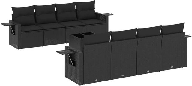 vidaXL 9-teilige Garten-Sofagarnitur aus Poly-Rattan mit Kissen in Schwarz - Bild 1