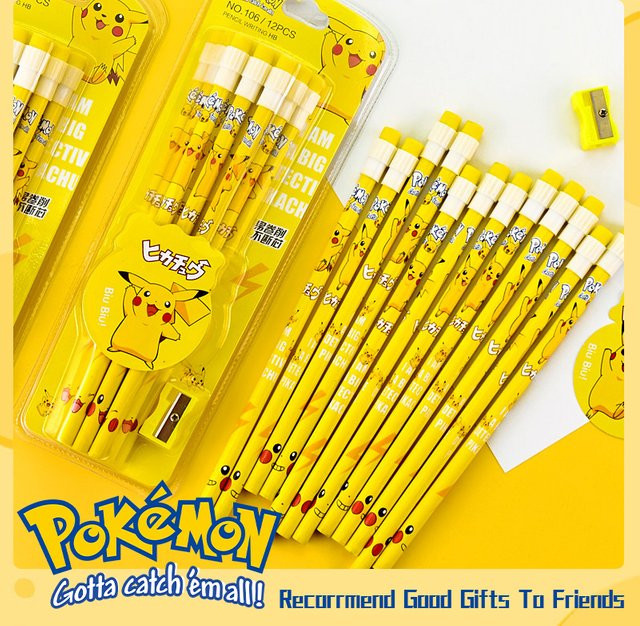 Pokemon Kawaii Schreibwaren-Set mit Box, 12-teilig, Gelb, Anime Schul- und Bürobedarf für Kinder - Bild 1