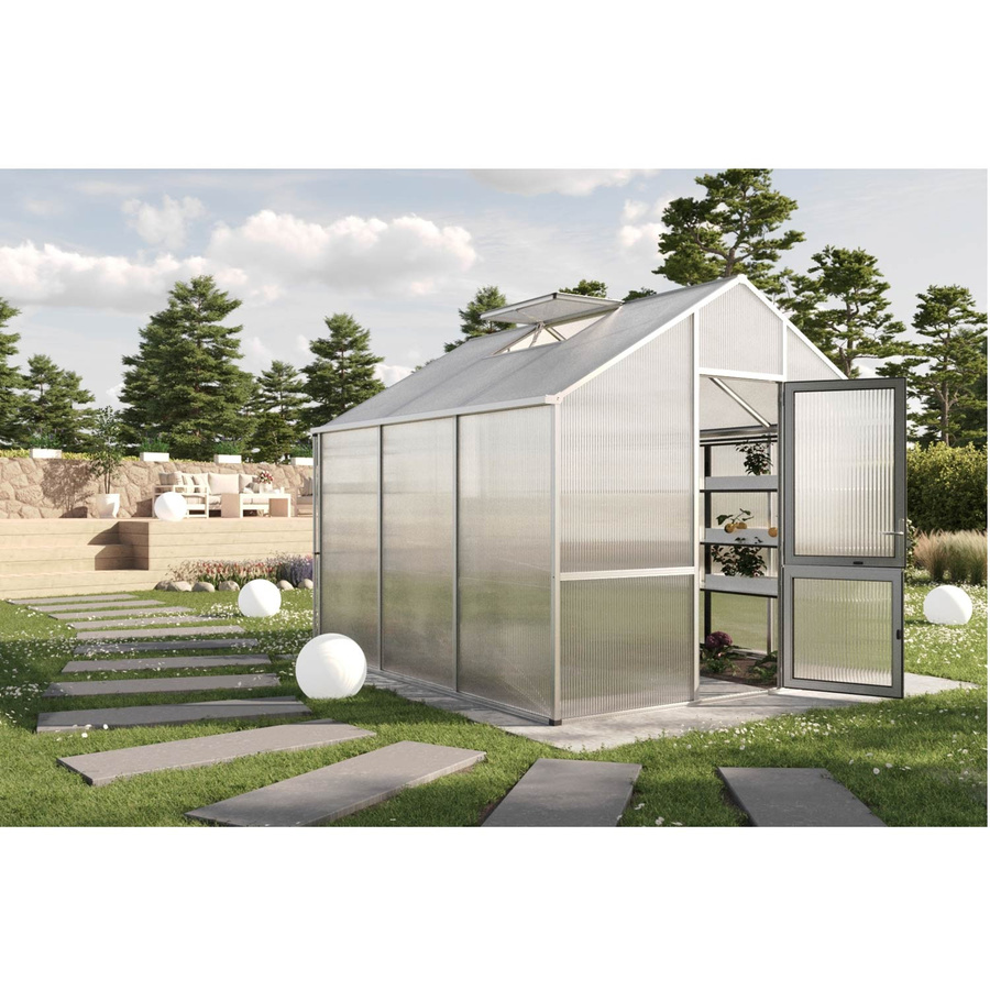 KGT Gewächshaus Dahlie III mit Satteldach aus Aluminium und Polycarbonat, 9,6 m², Farbe Silber/Transparent - Bild 2