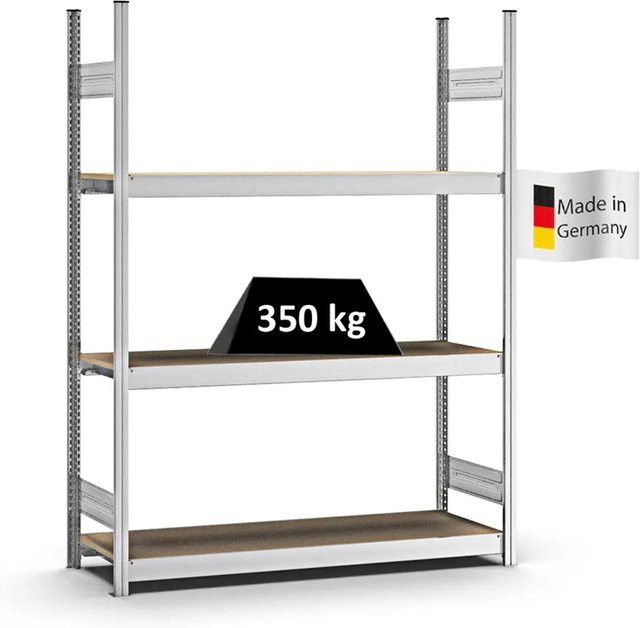 PROREGAL Weitspannregal Stecksystem T-Profil in Silber, verzinkt, mit 3 Ebenen Spanplatten Fachböden, H x B x T: 200 x 150 x 40 cm - Bild 1