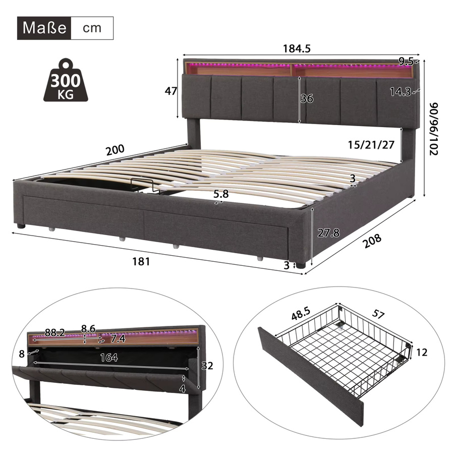 FEEOHOME Polsterbett Grau mit LED, Modernes Doppelbett mit Stauraum durch Schubladen und Hydraulik sowie Kopfteil, B/T: 180 x 200 cm - Bild 2