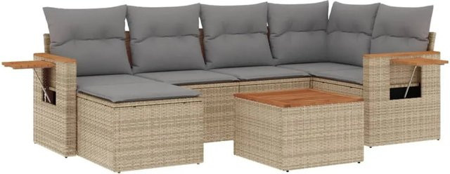 vidaXL 7-teilige Garten-Sofagarnitur aus Poly-Rattan und Akazienholz in Beige mit Kissen - Bild 1