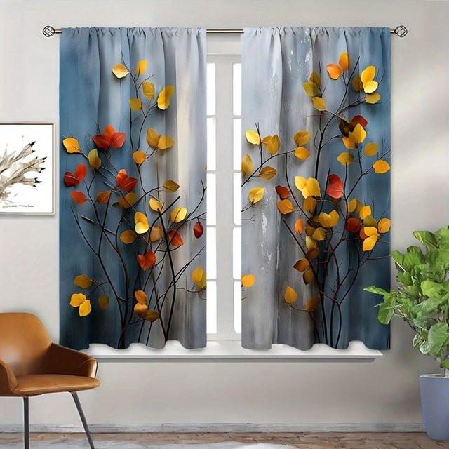 2er-Set Küchenvorhänge mit Aquarell Botanik Design, halbtransparentes Blattwerk Muster in Mehrfarbig, Breite: 65 cm, Höhe: 60 cm - Bild 1