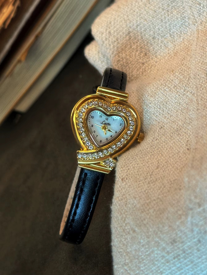 LSVTR Armbanduhr Quarz, herzförmig, Leder, Schwarz, Gold, Damen - Bild 4