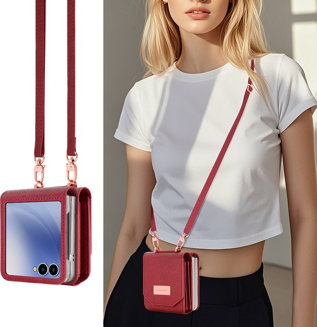 VIETAO Mädchen Handyhülle aus PU-Leder mit Kartenetui und Umhängeband für Samsung Galaxy Z Flip 7, Flip6, Flip5, Z4, Z3 in Rot - Bild 1