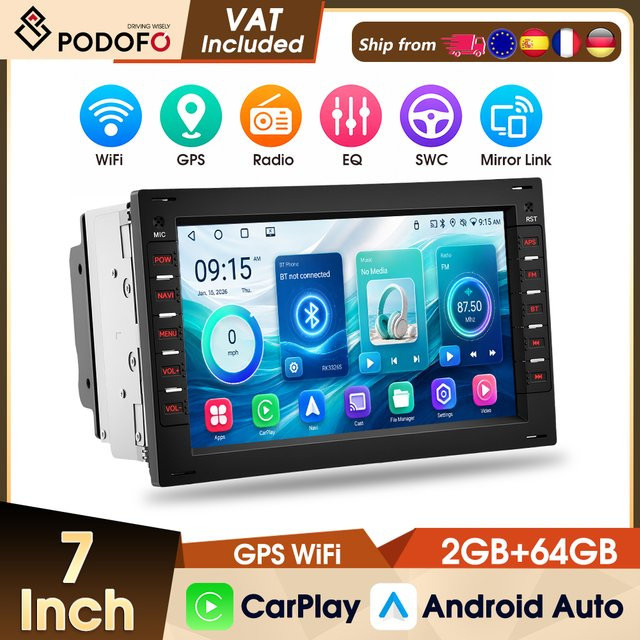 Podofo Universal 2 Din Android Autoradio mit 7 Zoll Display, Wireless CarPlay und Android Auto, 2+64G, Schwarz - Bild 1