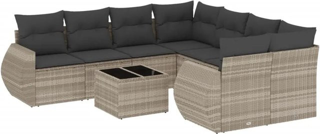 vidaXL 9-teilige Garten-Sofagarnitur aus Polyrattan mit Kissen in Hellgrau - Bild 1