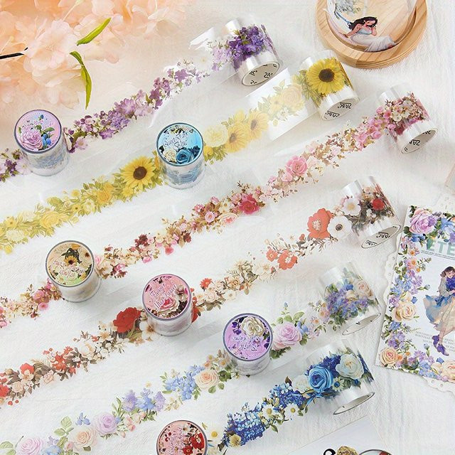 Dekoratives Washi-Klebeband für Journaling und Scrapbooking mit buntem Blumen- und Pflanzenmuster in Pink und Multicolour, wasserfestes PET-Klebeband - Bild 1