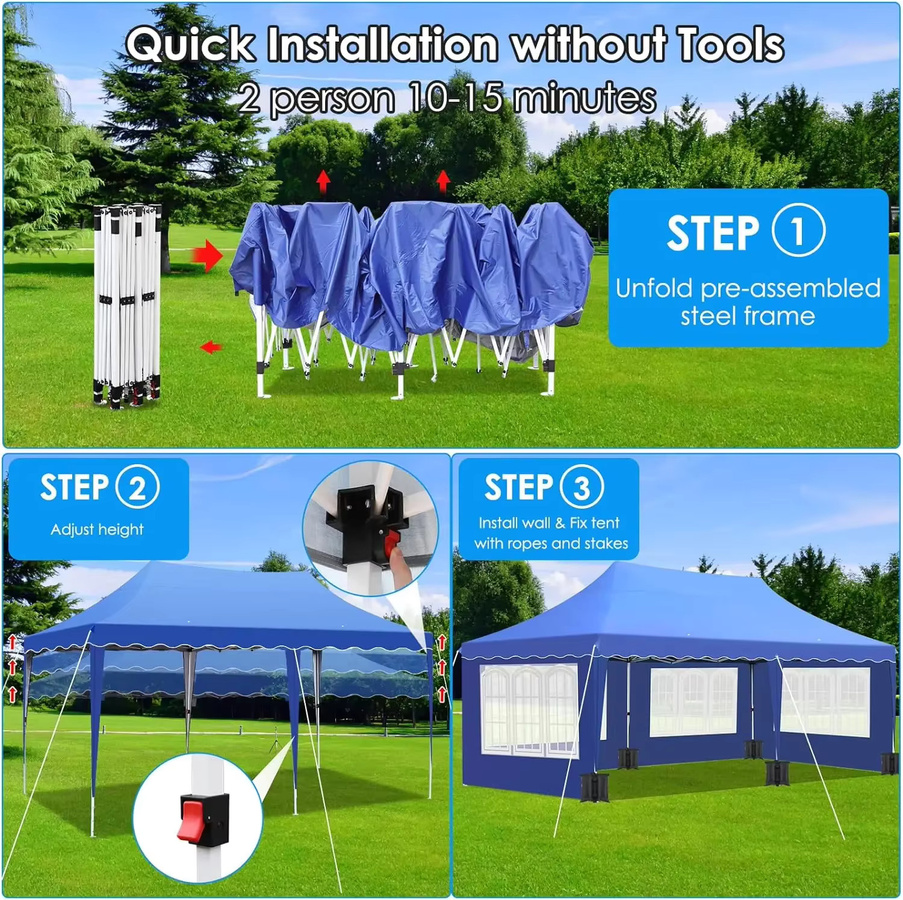 Homfa Partyzelt Pavillon mit 4 Seitenteilen und 6 Sandsäcken, B/T/H: 600 x 300 x 186 cm, wasserdicht, UV50+, höhenverstellbar, weiß/blau - Bild 4