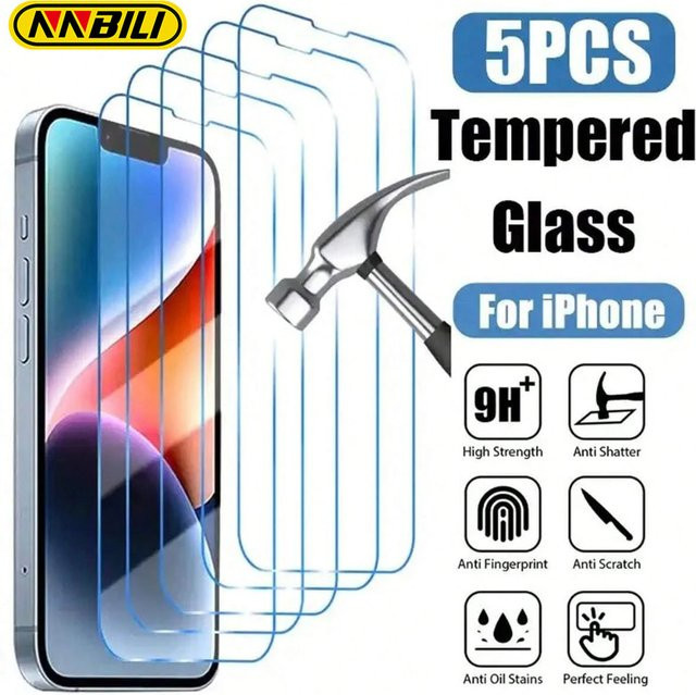 NNBILI 5er Pack HD Displayschutzfolie aus gehärtetem Glas in Transparent für iPhone 16 15 14 13 12 11 Pro Max sowie iPhone 16e 12 13 Mini XS XR Serie - Bild 1