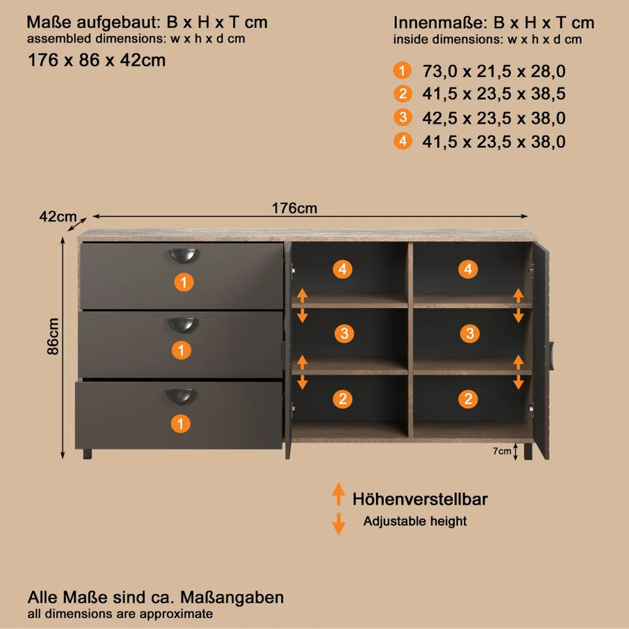 Sideboard Oriana TOP.FURN in Bronze und Rost, modernes Design mit Soft-Close-Schubladen, Breite: 176 cm - Bild 4
