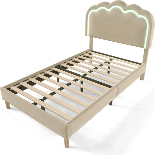 Merax Polsterbett mit LED-Unterbettbeleuchtung in Beige, B/T/H: 90 x 190 x 26 cm - Bild 1