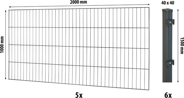 Floraworld Einstabmatten-Zaunset mit Vierkantpfosten aus Stahl in Anthrazit, Höhe: 100 cm, Breite: 1000 cm - Bild 1