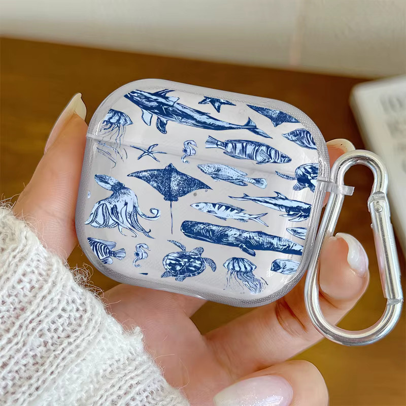 Marine Life Kopfhörerhülle für Apple AirPods Pro 2/3/Pro und AirPods 4/3/2/1 mit blauem Meeresschildkröten- und Walhai-Print - Bild 1