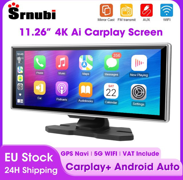 Srnubi 11,26 Zoll Dash Cam 4K Auto DVR Rückspiegel mit Carplay, Android Auto, Navigation und Dual Objektiv in Schwarz - Bild 1