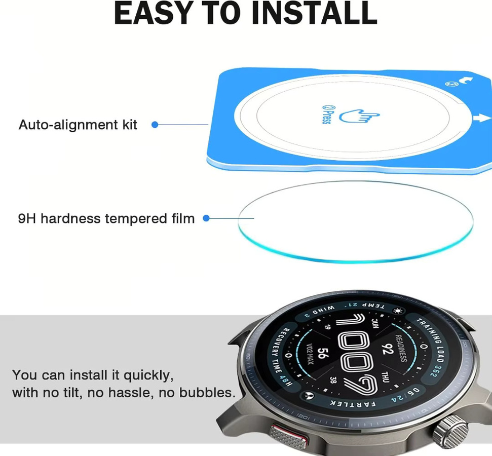 Premium Displayschutzfolie aus gehärtetem Glas für Garmin Forerunner 170, 170 Music und 70, transparent, inklusive Auto-Alignment-Installationskit - Bild 2