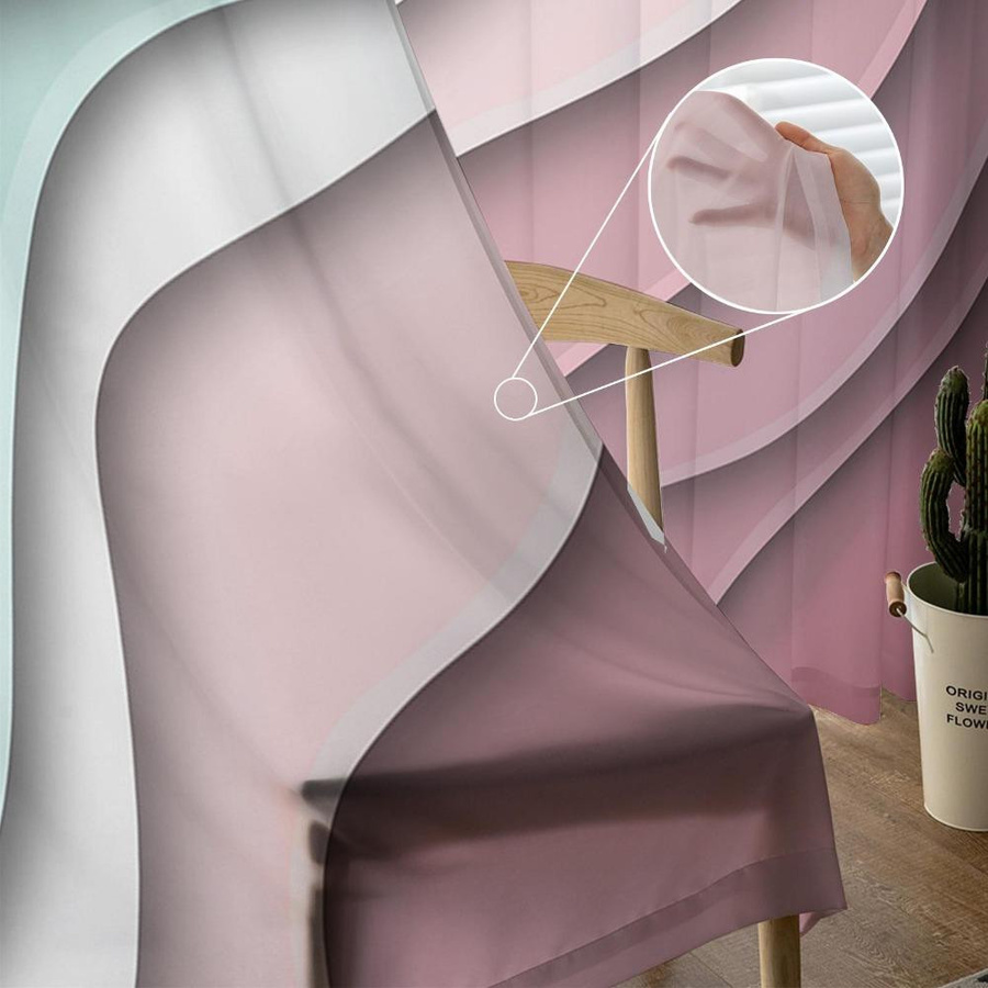 Moderne geometrische Tüll-Vorhänge aus Voile in Grün und Dunkelrot mit Farbverlauf, Breite: 135 cm, Höhe: 115 cm - Bild 2