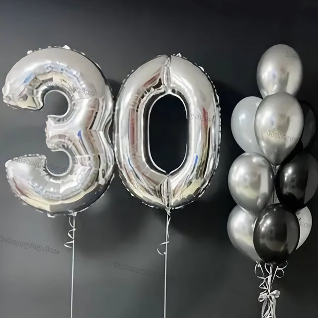 MicroPlush Zahlen-Folienballons Set für Geburtstag und Hochzeit in Silber, Schwarz und Weiß, 13 Stück - Bild 1
