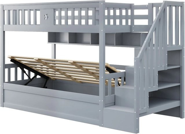 Merax Hochbett für Kinder aus Holz und MDF mit Treppe, Regal und Lift-up-Basis, Grau/Weiß, B/T/H: 200 x 90 x 170 cm - Bild 1