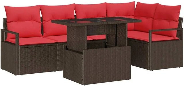 vidaXL Garten-Sofa-Set aus Poly-Rattan in L-Form mit 6-teiligem Zubehör, braun und rot mit Kissen und Couchtisch - Bild 1