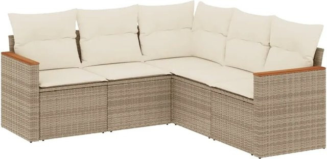 vidaXL 5-tlg. Garten-Sofagarnitur in L-Form aus Poly-Rattan und pulverbeschichtetem Stahl mit Kissen in Beige/Cremeweiß - Bild 1