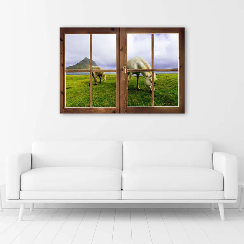 Feeby Leinwandbild Landschaft mit Pferden in grüner Wiese, Querformat, Breite: 60 cm, Höhe: 40 cm - Bild 1