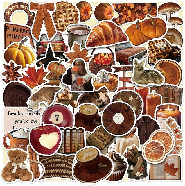 Rspctou Vintage Herbst Aufkleber in Braun und Multicolour, Niedliche Cartoon Graffiti Sticker aus Papier für Gepäck, Telefon und Schreibwaren - Bild 1