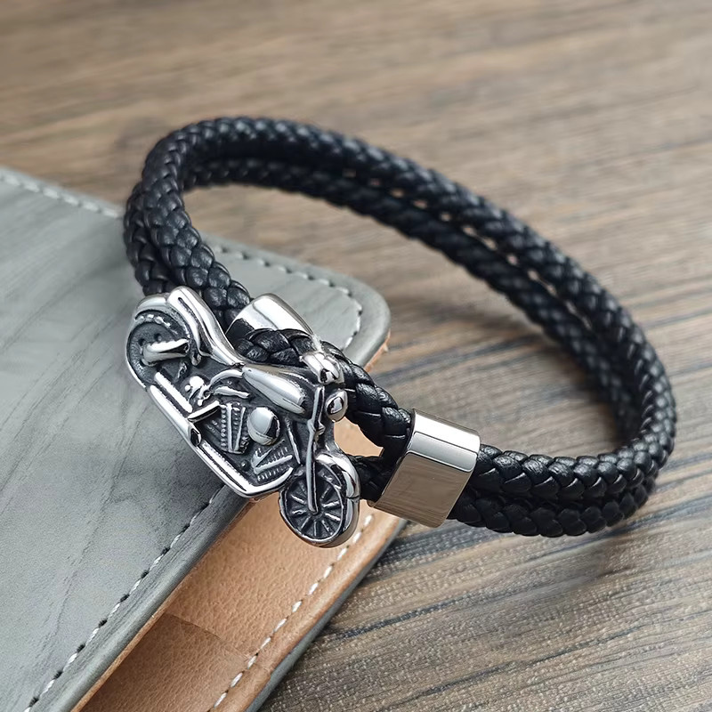 jiangmingao Armband, Leder, Edelstahl, Schwarz, Herren - Bild 3