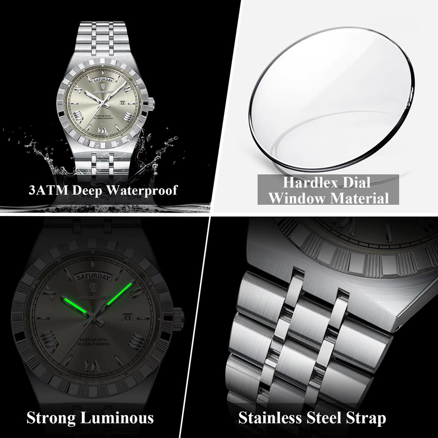 POEDAGAR Armbanduhr Edelstahl, Quarz, Silber, Herren - Bild 4